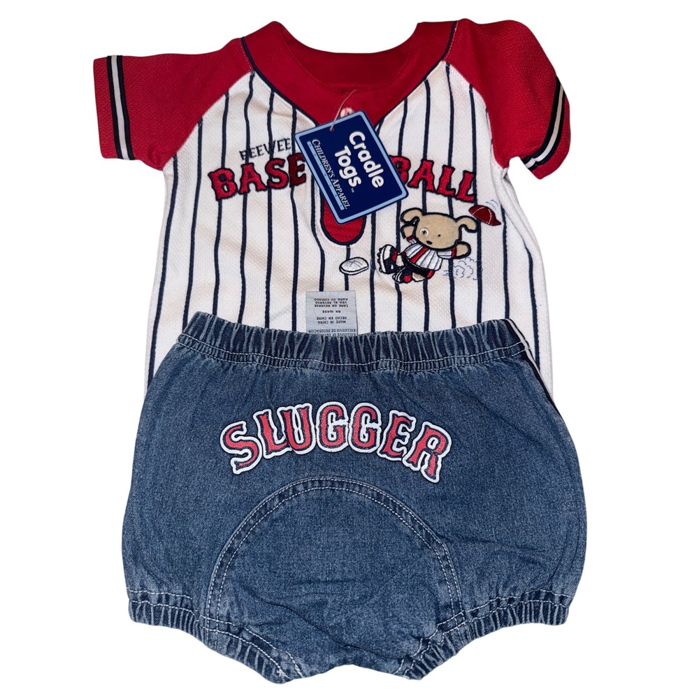 Vintage Cradle Togs Baby Boy Baseball Bodysuit Denim Shorts Set 3-6M NWT